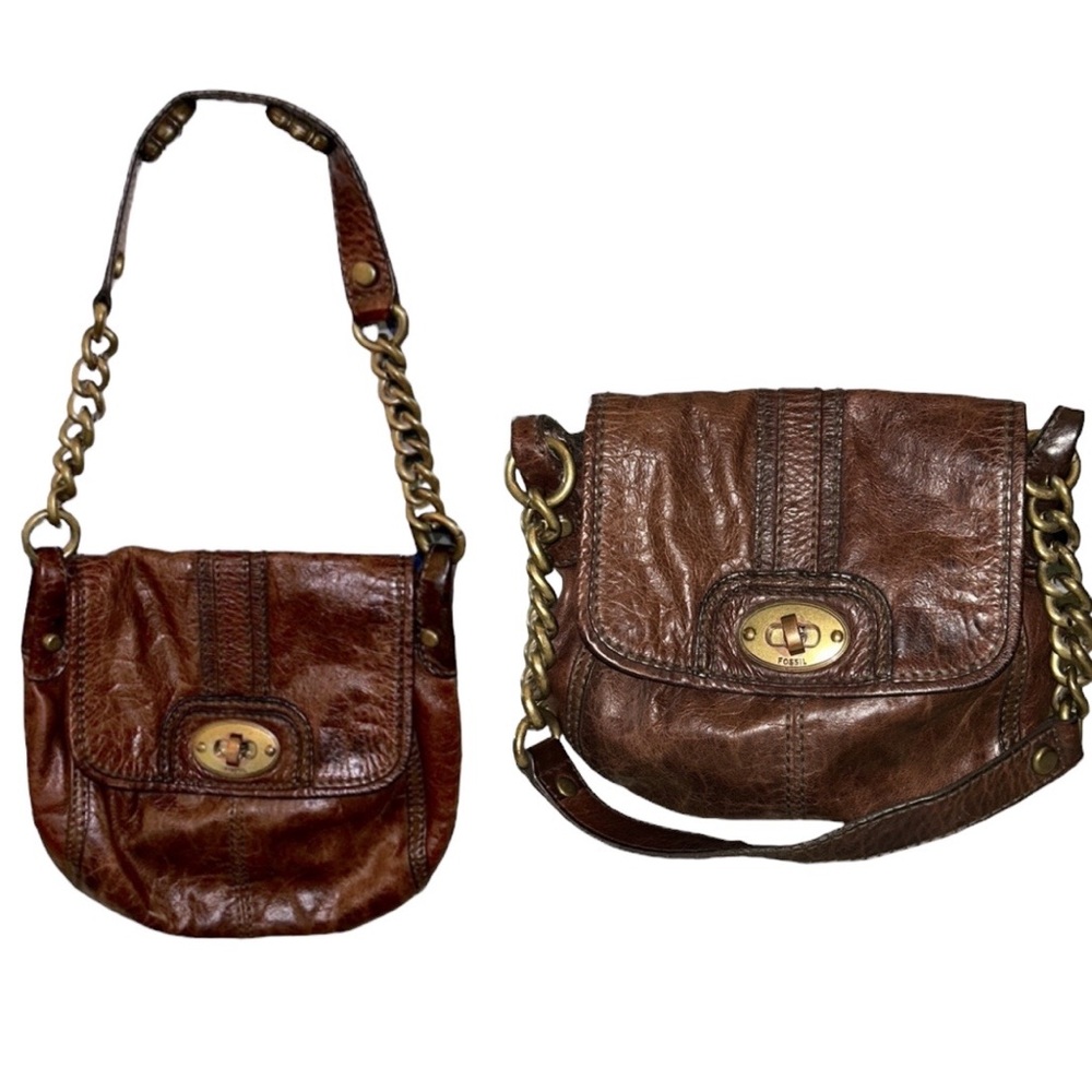 Fossil Maddox Brown Distressed Leather Long Live Vintage Chain Strap Baguette